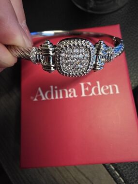 Adina Eden Silver Crystal Pave Cushion Bangle with Twisted Cable Arms
